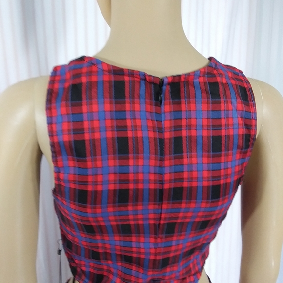 DOLLS KILL Silky Lined Red Plaid Bodysuit w Straps & O-Rings NWT Sz S - Picture 5 of 16